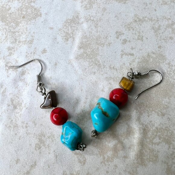 Boho Turquoise Jasper Cat’s Eye Dangle Earrings Southwestern Silver tone - Picture 4 of 7